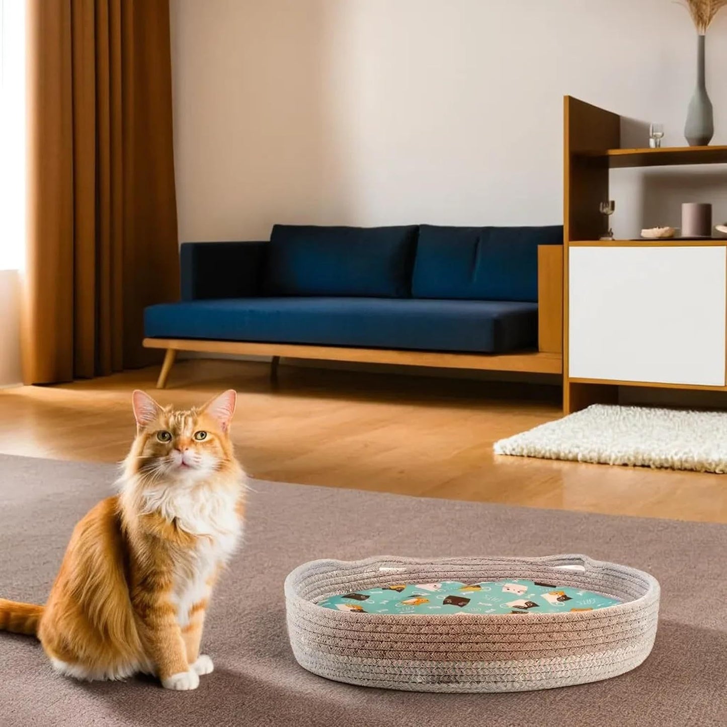 Round Wicker Cat Bed – Breathable Donut Nest with Washable Cooling Pad for Indoor Cats