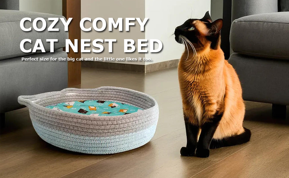 Round Wicker Cat Bed – Breathable Donut Nest with Washable Cooling Pad for Indoor Cats