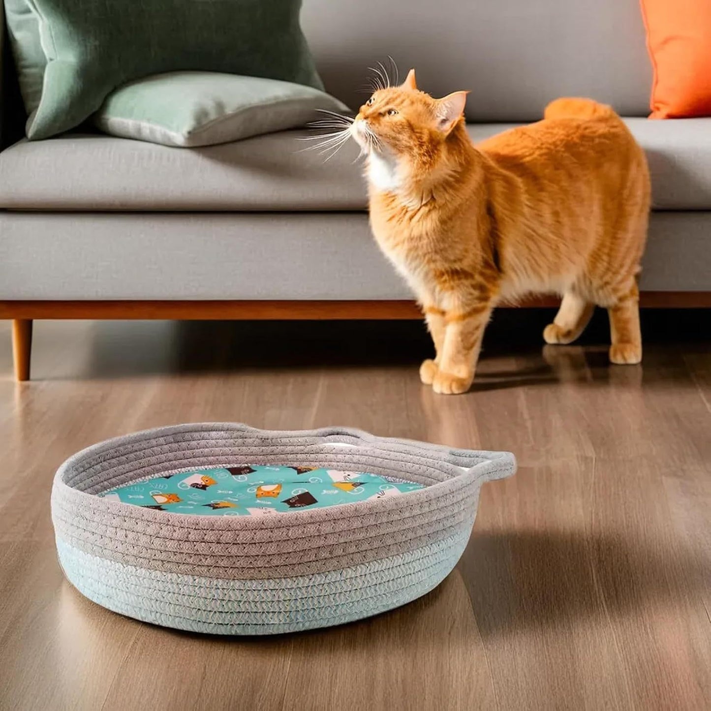 Round Wicker Cat Bed – Breathable Donut Nest with Washable Cooling Pad for Indoor Cats
