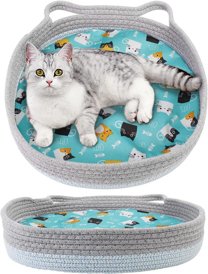 Round Wicker Cat Bed – Breathable Donut Nest with Washable Cooling Pad for Indoor Cats